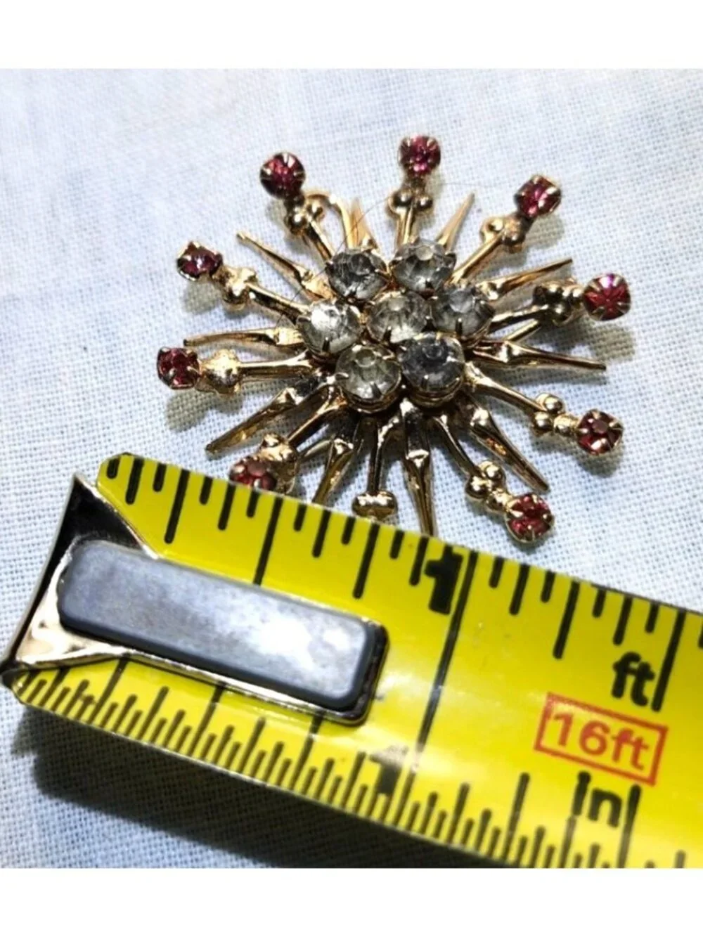 Vintage Gold Tone Asteroid Brooch Pink & Clear Rhinestones Mid-Century Starburst